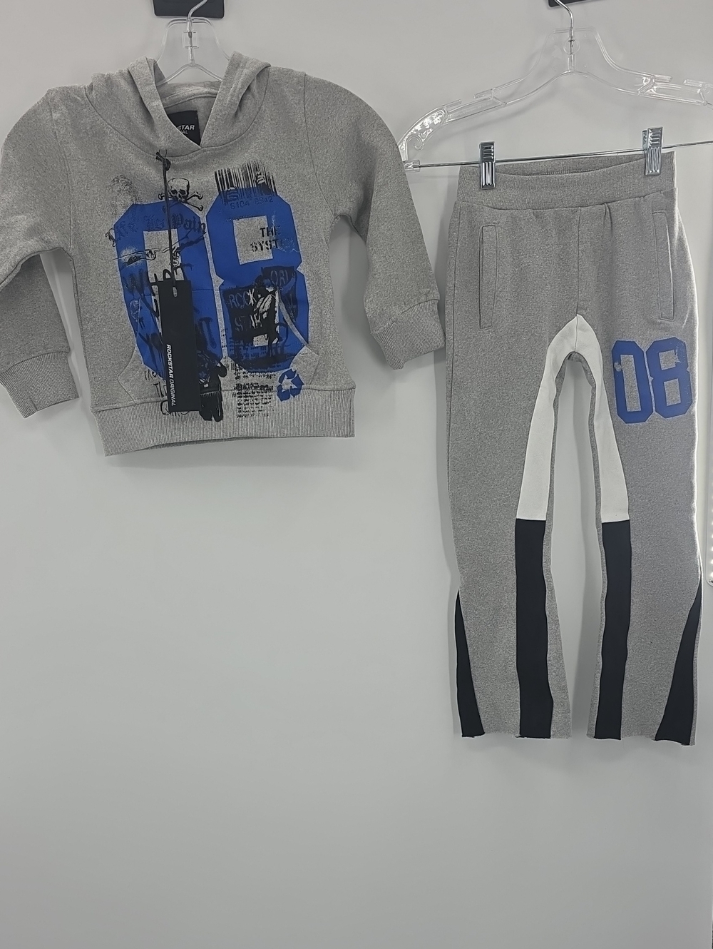 Kids Gray Sweatpants & Hoodie Set with Blue '08' Graphic